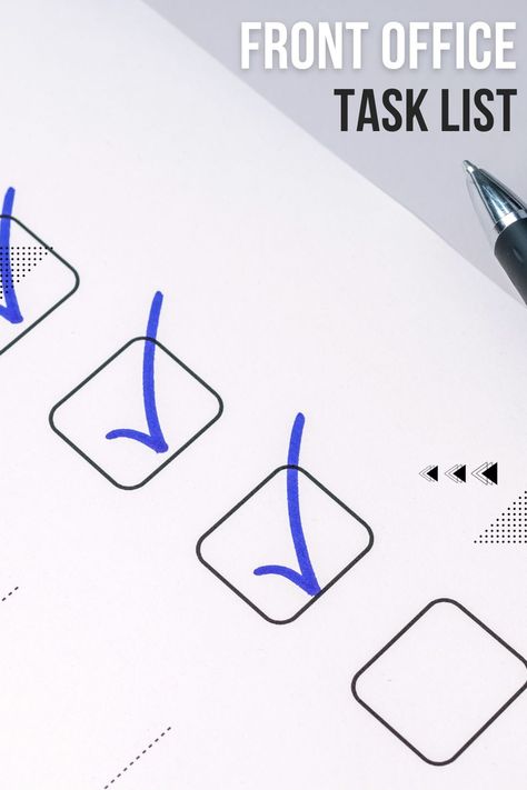 Task list showing boxes with check marks Dental Front Office, Dental Terminology, Dental Receptionist, Sales Tracker, Office Job, Front Office, Task List, Mgmt, Flow Chart