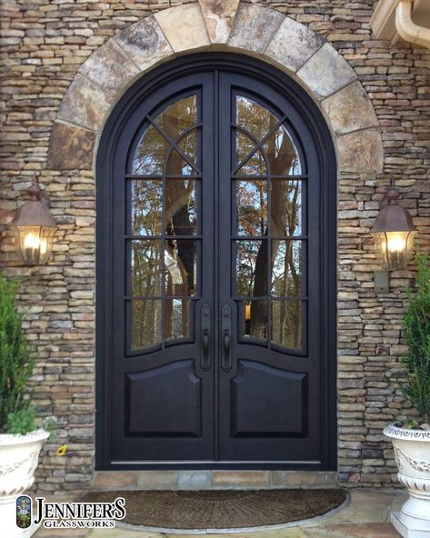 Arched Exterior Doors, Double Entry Door, Arched Front Door, Wrought Iron Front Door, Cottage Front Doors, Doors Entry, Black Arch, Iron Front Door, Iron Entry Doors