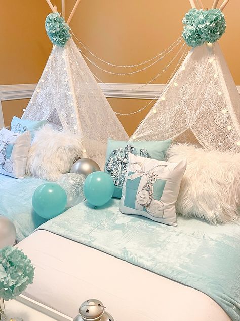 Tiffany and Co party ideas Blue Sleepover Party, Blue Slumber Party, Fun Blue Sleepwear For Sleepover, Breakfast At Tiffany’s Pajamas, Canopy Sleepover Slumber Parties, Teepee Party, Ocean Birthday, Beach Birthday, 14th Birthday