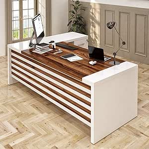 Casa Mare 87" Wood Executive Large Desk for Home Office | Executive Right Side L Shaped Corner Desk & File Drawers w/Telescopic Rail | Modern Business Furniture | White & Brown Office Counter Design, Desk File, L Shaped Office Desk, Office Desk Set, Office Executive, Desk For Home Office, Office Furniture Set, Modern Executive Desk, L Shaped Corner Desk