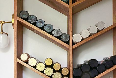 Wall Wine Rack Diy, Spray Paint Storage, Paint Organizer, Diy Wall Planter, Wine Rack Plans, Paint Organization, Diy Spray Paint, Wine Rack Storage, Wooden Wine Rack