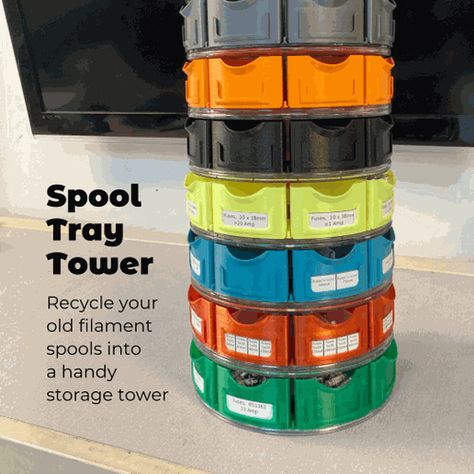 These files let you recycle all those old 3D printer filament spools we have lying around into a handy storage tower. The trays have room for little paper labels and 3 slots for dividers. Great for electronic components, crafting items or workshop bits and bobs. For each 200mm diameter spool you will need: - 8 x Spool trays - 1 x Spool connectors - 1 x Spool Tray Rail - and as many tray dividers as needed You can connect multiple spools on top of each other to create storage towers. Filament Spool Holder, Filament Spool Recycle, Tool Shop Organization, Spool Storage, Cool 3d Prints, Useful 3d Prints, Create Storage, 3d Printing Art, Printers Tray