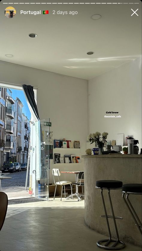 Aesthetic bright interior of a cafe, light coming in through the window, minimalistic furniture Living In Portugal Aesthetic, Portugal Cafe, Porto Portugal Aesthetic, Porto Aesthetic, Lisbon Aesthetic, 2024 Diary, Instastory Ideas, Porto Travel, Portugal Trip