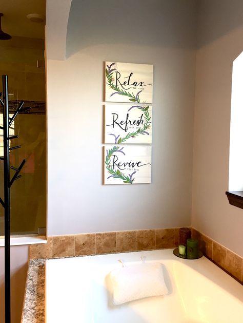 Bathroom decor. Lavender. Relax. Refresh. Revive. Acrylic painting. Bathroom Painting Ideas Canvas, Summer Chalkboard Art, Bathroom Paintings, Bathroom Canvas Art, Beach Wall Murals, Bathroom Canvas, Octopus Wall Art, Bathroom Upgrade, Large Modern Wall Art