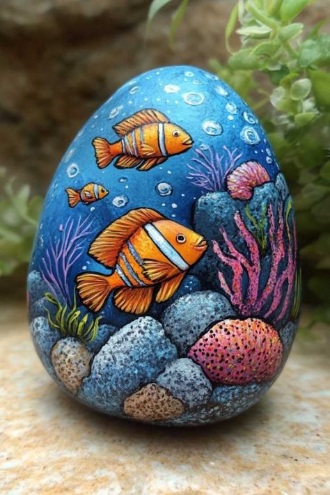 Paint Fish On Rocks, Oval Rock Painting Ideas, Simple Fish Painting, Rock Painting Fish, Painting Ideas Animals, Painting On Stone, Minion Rock, Painted Rock Ideas, Painted Pavers