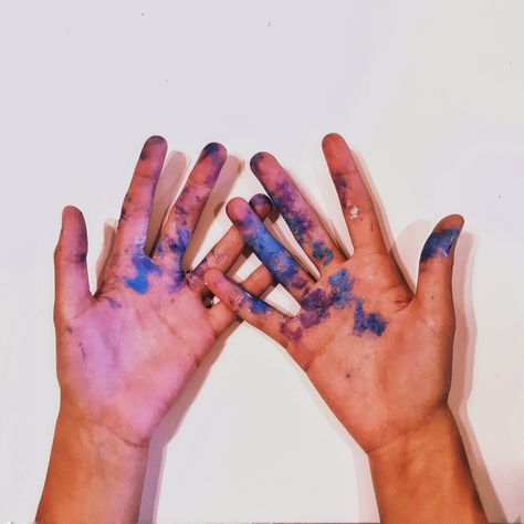 Hands With Paint On Them, Painted Hands Aesthetic, Finger Painting Aesthetic, Hands Painting Aesthetic, Purple Hands Aesthetic, Monster Hands Aesthetic, Hands Covered In Paint, Paint On Hands, Katie Forbes