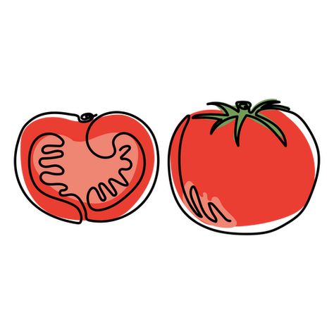 Food continuous line tomato color PNG Design Heirloom Tomato Tattoo, Tomato Line Drawing, Tomato Graphic Design, Tomato Reference, Tomato Doodle, Tomato Logo, Tomato Graphic, Tomato Tattoo, Cartoon Tomato