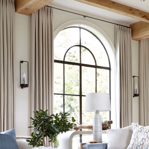 Arched Window Coverings, Curtains For Arched Windows, Arched Window Treatments, Arch Windows, Drapery Treatments, Classic Window, Luxury Curtains, Hearth Room, Arched Doors