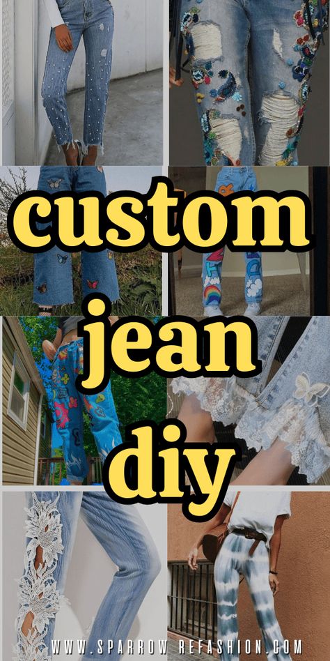 Jean Upcycle Diy, Diy Lace Jeans, Refashion Clothes Upcycling, Diy Jeans Refashion, Jean Crafts Ideas, Patched Jeans Diy, Sparrow Refashion, Custom Jeans Diy, Altering Jeans