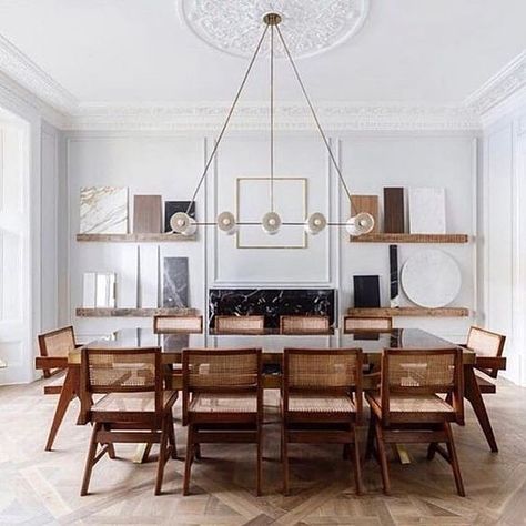 Swann House Studio on Instagram: “I will always love Pierre Jeannette chairs. These are gorgeous in this white space!! And the ceiling medalion + modern chandelier + black…” Banda Property, Above Couch, Interior Design School, Wooden Chairs, Iconic Furniture, Dining Room Inspiration, Residential Interior, Chandigarh, Dining Room Design