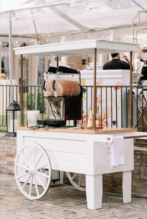 Mobile Bar Carts - Blush Bar | Wedding Chicks Mobile Bar Inspiration, Wedding Bar Trailer, Mobile Bar For Wedding, Frozen Drink Cart, Mobile Slushie Bar, Mobile Drink Cart, Frose Cart Wedding, Horse Trailer Bar Cart, Beer Cart