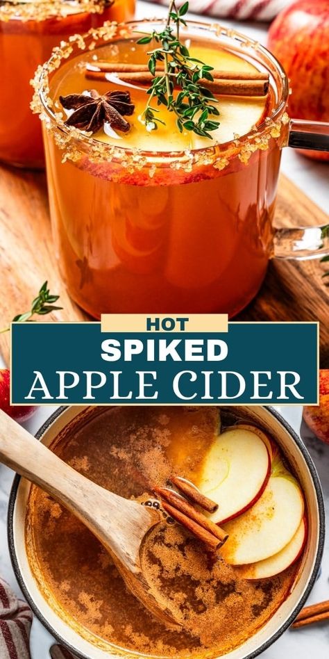 You are going to love this hot Spiked Apple Cider recipe. Prepared with warm spices, full-bodied apple cider, a hint of caramel and citrus, and a kick of rum, this drink will be the star of every holiday soiree. Spiked Cider Recipes, Hot Cider Recipes, Hot Apple Cider Cocktail, Spiked Apple Cider Recipe, Hot Apple Cider Recipe, Spiked Cider, Sweet Cocktail, Apple Cider Drink, Spiked Apple Cider