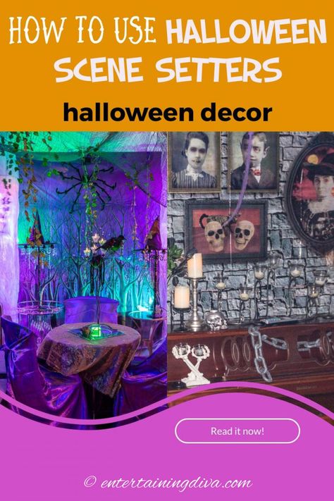 How To Use And Install Halloween Scene Setters | Holidays and events Halloween Outdoor Decorations Diy, Diy Halloween Bottles, Halloween Scene Setters, Halloween Party Ideas For Adults, Indoor Halloween Decor Ideas, Indoor Halloween Decor, Haunted House Halloween Party, Halloween Party Drinks, Halloween Haunted House Decorations