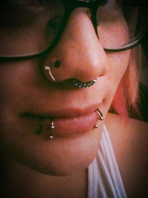 Awesome double nostril and double spider bites a.k.a shark bites and septum Shark Bites Piercing Rings, Septum And Snakebites, Snake Bites And Septum, Shark Bites Piercing, Spiderweb Septum, Spider Bite Ear Piercing, Septum Piercing Spike Horseshoe, Double Nostril, Spider Bite