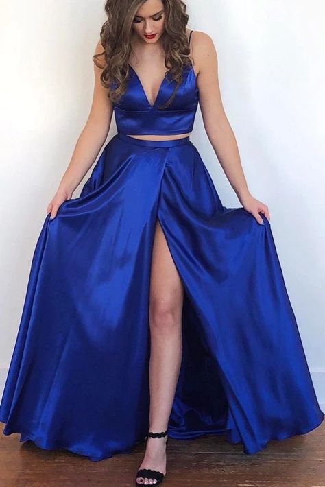 Yellow Satin Prom Dress, Royal Blue Formal Dresses, Two Piece Evening Dresses, Royal Blue Prom, Two Piece Prom, Blue Prom Dress, Backless Evening Dress, Prom Dresses Yellow, Royal Blue Prom Dresses