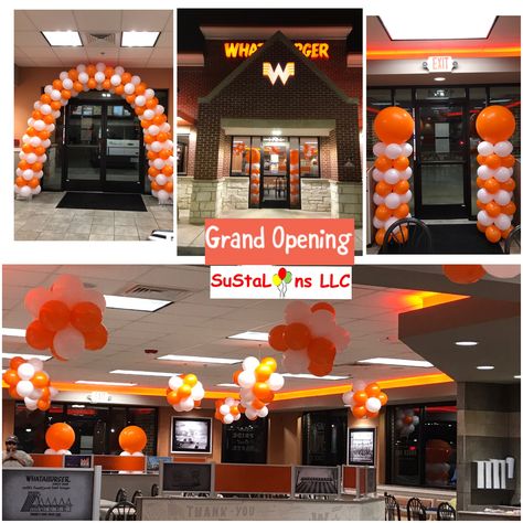 Grand opening for WhatABurger; balloon arch & columns; & ceiling decor New Office Opening Party Decoration, Gym Grand Opening Party Ideas, Office Grand Opening Party Ideas, Office Balloon Decoration, Office Balloon Decoration Ideas, Opening Decoration Ideas, Gym Grand Opening Ideas, Gym Balloon Decoration, Office Baloon Decoration