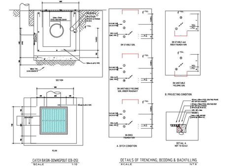 The AutoCAD DWG drawing file given the details of Catch Basin Downspout.The plan and Section details are clearly given in this drawing file.The footing details of catch basin downspout .Different diameter of PVC pipe details,Properties of Trenching,Bedding and Back filling,reinforcement details ,Safe bearing capacity of soil and thickness of materials are mentioned in this drawing also given the ditch condition and projection codition of catch basin down spout.Download the AutoCAD 2D DWG file. T Down Spout, Catch Basin, Title Block, Cad Designer, Modern Small House Design, Drawing Block, Detailed Plans, Autocad Drawing, Pvc Pipe