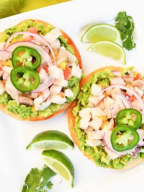 Tilapia Ceviche Tostadas https://mexicanappetizersandmore.com/tilapia-ceviche-tostadas/ How To Make Tilapia, Vegetarian Ceviche, Tilapia Ceviche, Fried Corn Tortillas, Frozen Tilapia, Tuna Ceviche, Avocado Spread, Mexican Appetizers, Ceviche Recipe