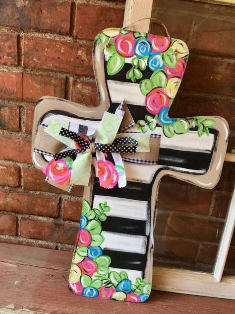 Cross Door Hanger - Spring Door Hanger - Welcome Sign - Painted Sign - Wall Sign - Home Decor - Hand Painted Cross - Wall Hanging Cross Door Hanger Ideas, Door Hanger Ideas, Fellowship Ideas, Painted Crosses, Fun Paintings, Cross Door Hangers, Hand Painted Crosses, Wood Signage, Hanger Ideas