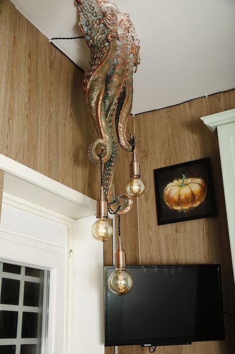 Lovecraft Art Chandelier . Octopus Kraken Tentacle Cthulhu - Etsy Canada Trailer Remodel Single Wide, Lovecraft Art, Art Chandelier, Motifs Art Nouveau, Octopus Decor, Unique Ceiling Fans, Indoor Pool Design, Pirate Decor, Air Pillow