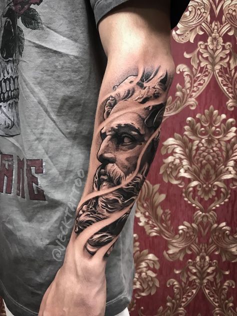 Outside Forearm Tattoo Men Ideas, Realism Tattoo Sleeve, Arm Tattoos For Guys Forearm, Gladiator Tattoo, Outer Forearm Tattoo, Poseidon Tattoo, Zeus Tattoo, Cool Half Sleeve Tattoos, Forarm Tattoos