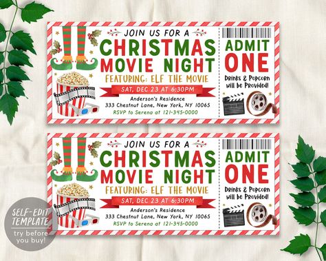 Christmas Movie Ticket, Popcorn Diy, Movie Night Printables, Movie Night Tickets, Movie Ticket Invitations, Birthday Movie, Movie Invitation, Holiday Movie Night, Christmas Movie Night