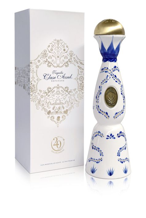 Tequila Clase Azul Limited Edition 20th Anniversary Bottle. Tequila Clase Azul celebrates 2 decades of sharing with the world their authentic Mexican roots. And to celebrate, Clase Azul, launches its tequila Anniversary edition, a collectible piece. Blue And White Tequila Bottle, Azul Tequila Bottle, Azul Tequila, Mexican Tequila, Pretty Alcoholic Drinks, Tequila Bottle, Bubbly Bar, Bistro Food, Blue World