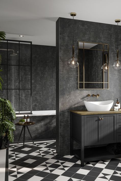 Dark En Suite, Black Bathroom Fittings Interior Design, Bathroom Tiles With Black Fittings, Dark Tile Ensuite, Dark Theme Washroom, Goth Interior, Plywood Wall Paneling, Linda Barker, Architect Office