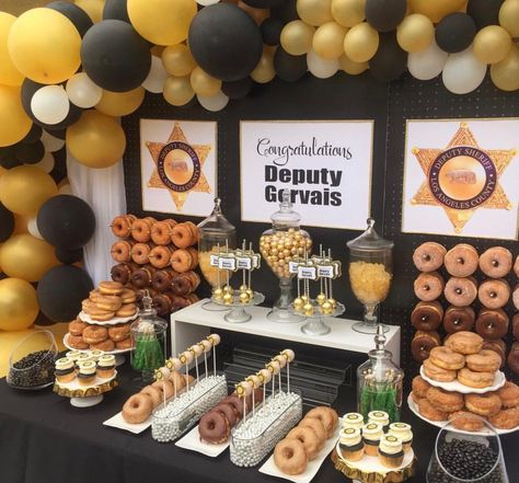 Police Party Dessert Table, Cop Donut Bar, Deputy Sheriff Party Decorations, Sheriff Academy Graduation Party Ideas, Correctional Officer Graduation Party Ideas, Sheriff Themed Party, Work Promotion Party Ideas, Police Academy Graduation Party Food, Deputy Graduation Party