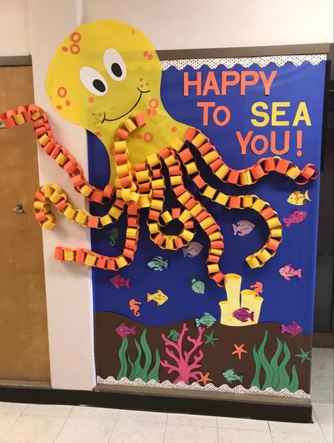 Under The Sea Prek Classroom, Bulletin Board Ocean Theme, Aquarium Classroom Decorations, Octopus Door Decoration, Aquarium Theme Classroom, Happy To Sea You Bulletin Board, Ocean Theme Classroom Decorations Ideas, Summer Display Board, Summer Display Board Nursery