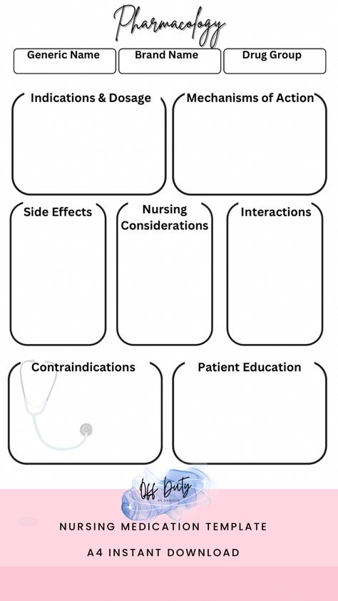 Enhance your pharmacology studies with our meticulously crafted digital download pharmacology nursing template. 📚💊 Stay ahead in your nursing journey with organized drug classifications, dosage calculations, and essential medication information at your fingertips. 🩺💡 Perfect for nursing students and professionals alike, our templates are designed to make learning and practice more efficient and effective. 🎯 Embrace the power of knowledge and elevate your nursing skills with our user-friendl Pharmacology Template, Study Guide Template, Pharmacology Studying, Nursing Skills, Dosage Calculations, Power Of Knowledge, Nurse Study Notes, Pharmacology Nursing, Student Nurse