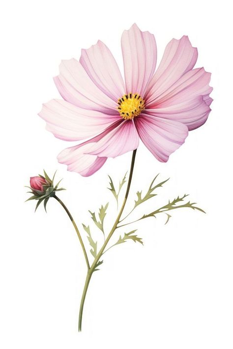 Watercolor cosmos flower blossom petal plant. | premium image by rawpixel.com / Darakoon Jaktreemongkol Cosmos Flowers Drawing, Green Art Projects, Water Colour Palette, Watercolor Cosmos, Pink And Green Art, Cosmo Flower, Botanical Pictures, White Cosmo, Plant Watercolor