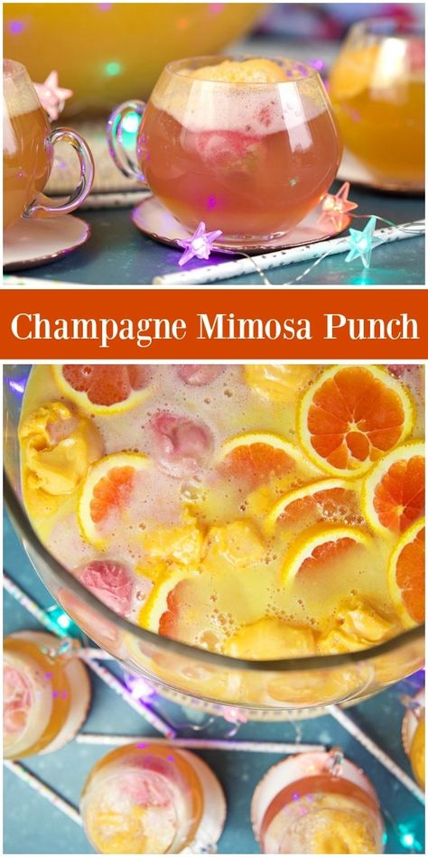 Mock Champagne Punch, Mimosa Punch For A Crowd, Mimosa Punch Recipe, Fun Mimosas, Spicy Mimosa, Mimosa Punch, Champagne Punch Recipes, Champagne Mimosa, Alcoholic Punch Recipes