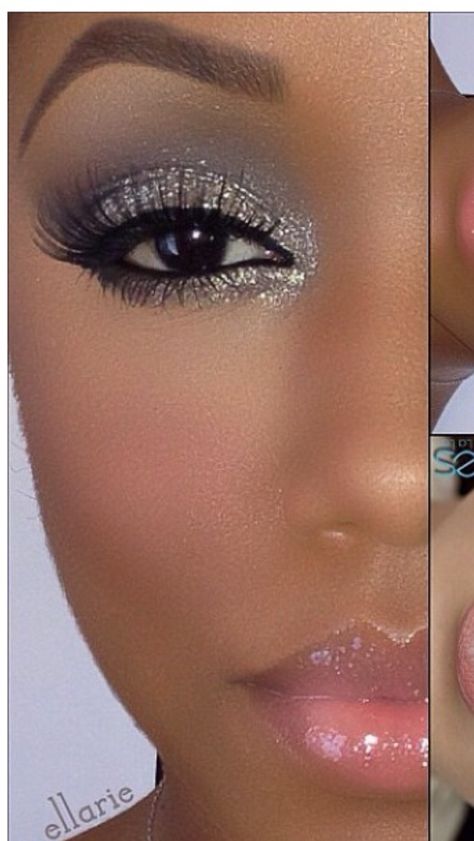 Gray Silver Eye Makeup, Make Up Looks For Grey Dress, Cheer Comp Eyeshadow, Fun Bridal Makeup Looks, Pewter Eye Makeup, Grey Eye Shadow Look, Bridal Glitter Eye Makeup, Sliver Eyeshadow Looks Simple, Silver Smokey Eye Makeup Black Women