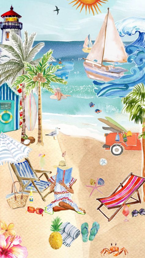 #watercolor #painting #beach #illustration #collage #peaceful #sand #ocean #chair #umbrellas #summer #sea #wave #boats #scene Beach Collage, Illustration Collage, Beach Illustration, Painting Beach, Sea Wave, Beach Watercolor, Collage Illustration, Beach Scenes, Watercolor Painting