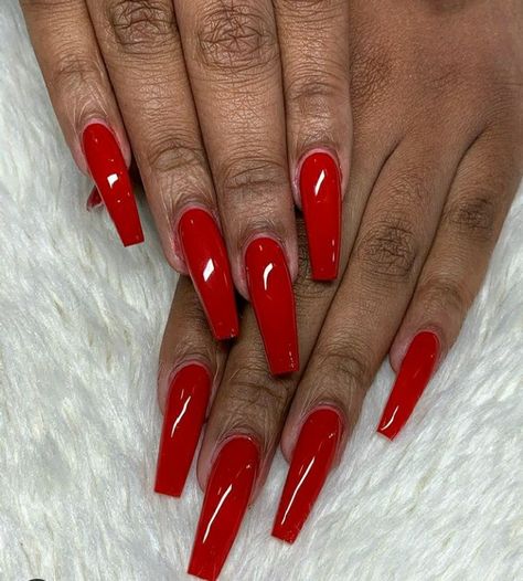 Red Ballerina Nails Long, All Red Nails Acrylic, Full Red Nails, Plain Red Nails Acrylic, Red Nails Ballerina, Red Nail With Design, Red Nails Brown Skin, Red Ballerina Nails, Red Nails On Brown Skin