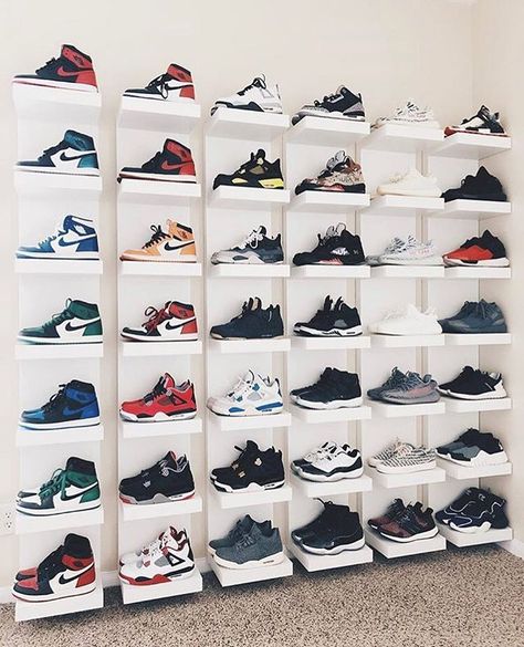 Pick your top 3! #everysize #sneakercollection #sneakercommunity #todayskicks #shoes #kicksonfire #complexkicks #sneakernews #nicekicks #classic #kickstagram #fashion #hskicks Sneakerhead Room, Sneaker Closet, Sneaker Displays, Shoe Store Design, Sneaker Storage, Shoe Room, Shoe Wall, Storage Decor, Jordan Sneaker