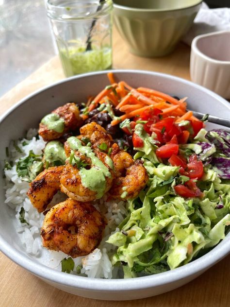 Asian Shrimp Bowl, Shrimp Bowl Healthy, Shrimp Bowls Healthy, Shrimp Buddha Bowl, Mexican Shrimp Bowl, Roasted Jalapeno Sauce, Spicy Shrimp Bowl, Shrimp Bowls, Dinner Shrimp