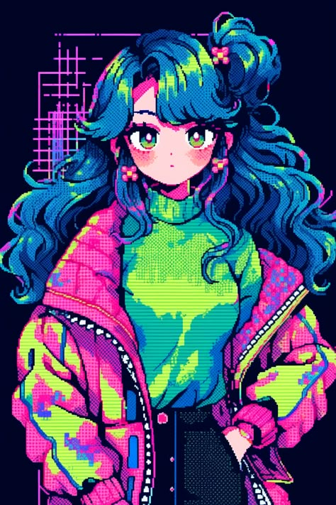 90s Arcade Aesthetic Outfit, Arcade Anime, Lofi Pfp, Neon Aesthetic Outfit, Colorful Anime, Anime Art Aesthetic 90s, 90s Art Style, 90s Anime Style, Pixel Art Hair