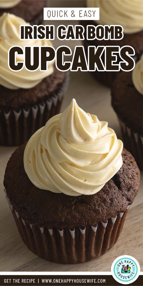 These Irish Car Bomb Cupcakes are absolutely divine! And they're much easier to make than other similar recipes. Chocolate Guinness cupcakes filled with whiskey chocolate filling and topped with Bailey's buttercream frosting. #cupcakes #irish #easy #carbomb #dessert via @onehappyhousewife Car Cupcakes, Irish Car Bomb Cupcakes, Guinness Cupcakes, Cocktail Cupcakes, Irish Car Bomb, Whiskey Chocolate, British Sweets, Frosting Cupcakes, Boozy Cupcakes