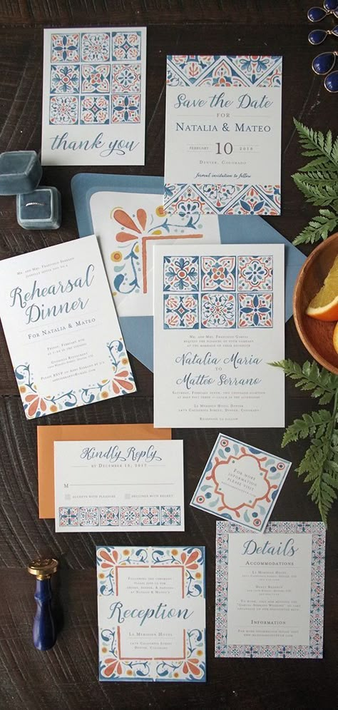 Blue Orange Weddings, Talavera Wedding, Orange Wedding Invitations, Spanish Tiles, Reception Invitation, Funny Wedding Invitations, Watercolor Wedding Invitation, Blue Invitation, Spanish Wedding