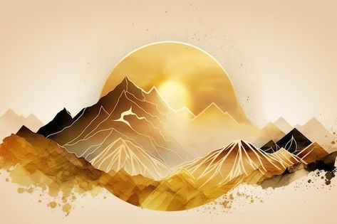 Photo mountains and the sun in yellow an... | Premium Photo #Freepik #photo #abstract-mountain #nature-painting #landscape-painting #illustration-background Mountain Illustration Art, Gold Mountain Painting, Gold Landscape, Mother Earth Art, Golden Mountain, Gold Mountain, Mountain Graphic, Sun Painting, Mountain Background