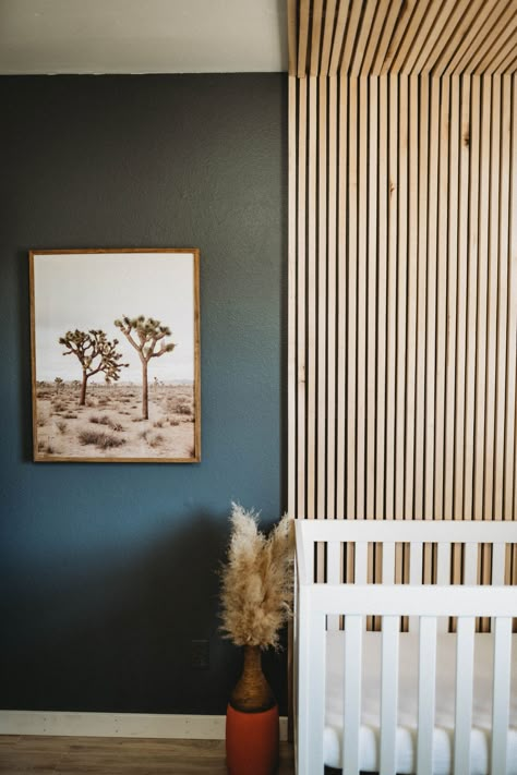 Blue Nursery Ideas Gender Neutral, Gender Neutral Nursery Panelling, Nursery Wood Slat Wall, Modern Boho Accent Wall, Nursery Slat Wall, Wood Slat Accent Wall Nursery, Wood Panel Accent Wall Nursery, Nursery Ideas Mid Century Modern, Gender Neutral Nursery Colors Paint