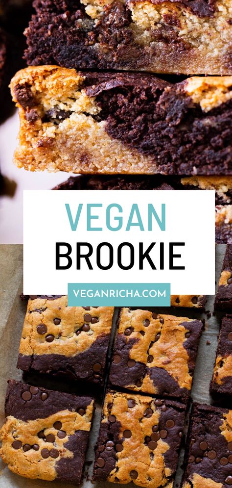 This vegan brookie recipe combines rich brownie and decadent chocolate chip cookie in a single baking pan to make one epic pan cookie. Vegan Brookie, Brookie Recipe, Brookies Recipe, Almond Flour Brownies, Pan Cookies, Almond Flour Cookies, Baking With Almond Flour, Vegan Cookies Recipes, Cookie Dough Recipes