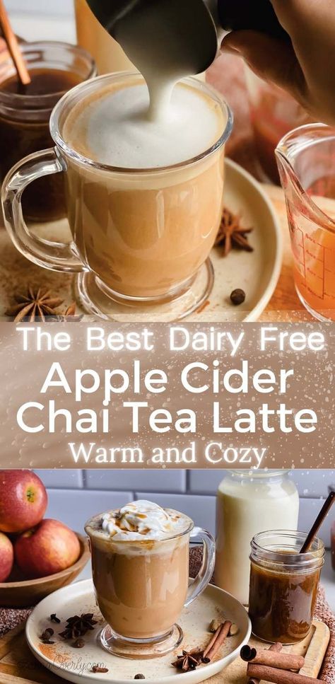 a mug of apple cider chai tea latte sits on a plate with spices and apples near by Apple Cider Chai Tea, Chai Tea Latte Concentrate Recipe, Starbucks Tea Recipes, Apple Cider Chai, Frothed Milk Recipes, Apple Cider Recipes, Chai Tea Latte Starbucks, Cider Recipes, Tea Concentrate