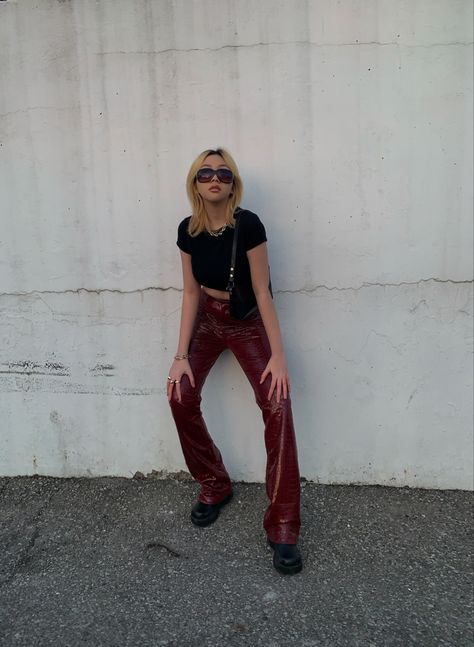 Dark Red Leather Pants, Maroon Leather Pants Outfit, Red Leather Boots Outfit, Red Leather Pants Outfit, Leather Pants And Boots, Red Leather Trousers, Maroon Pants Outfit, How To Style Leather Pants, Red Leather Blazer