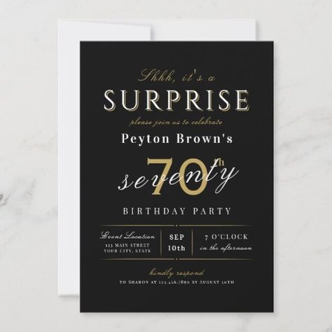 $2.98 | Elegant modern classy surprise 70th birthday invit #adult birthday invitations, personalized birthday party invitations, any age surprise party invitations, elegant stylish classic script, simple modern classy typography, art deco vintage calligraphy, retro minimalist chic clean, shhh its a surprise, 70th birthday party, sophisticated black and gold white Shhh Its A Surprise, 75th Birthday Invitations, Surprise 30th Birthday, Surprise 60th, Surprise 40th, Elegant Birthday Invitations, Vintage Calligraphy, 90th Birthday Invitations, Surprise Party Invitations