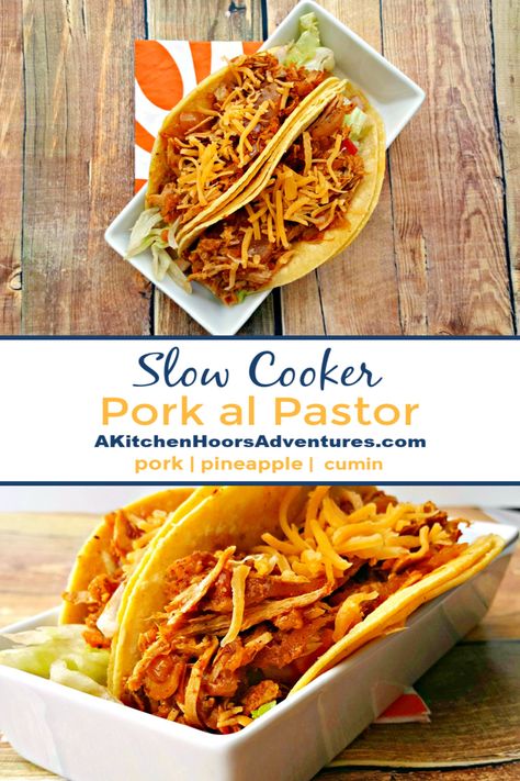 Sweet, spicy, and tangy, this Slow Cooker Pork al Pastor has unique flavors.  If you want something different for taco night, whip up some of this amazing pork. via @akitchenhoor Crockpot Al Pastor, Al Pastor Recipe Slow Cooker, Al Pastor Pork, Pork Al Pastor, Spicy Pulled Pork, Crockpot Pork Loin, Slow Cooker Recipes Pork, Recipe Slow Cooker, Delicious Slow Cooker Recipes