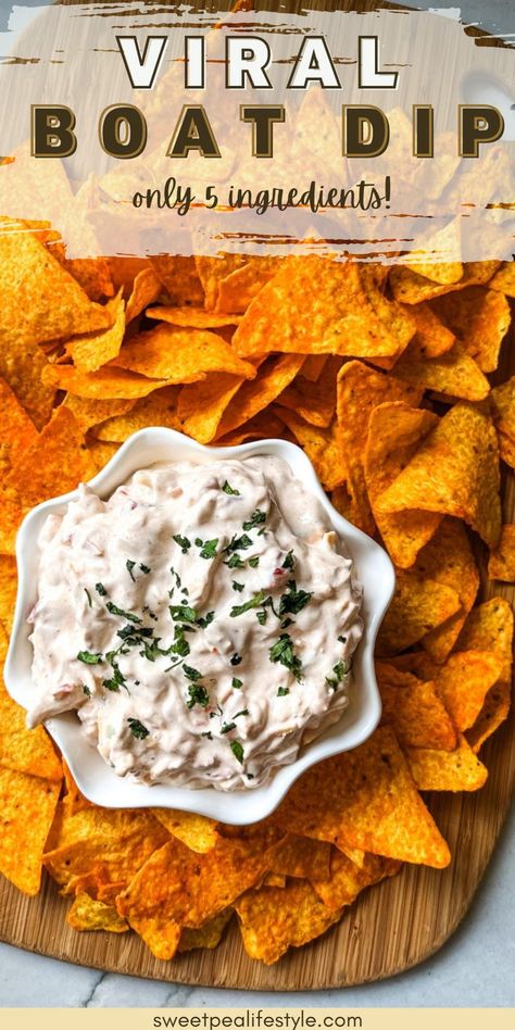 Boat Dip is an easy viral recipe you've got to try! It's five simple ingredients, and makes a tasty snack and perfect dip for any occasion! TikTok recipes go viral for a reason. People see them, try them, and report back. It's nothing fancy, but it's the perfect cold dip for your crispy tortilla chips! If you're looking for a great option for a delicious dip, this recipe will tick all your boxes. Dip Appetizer Recipes, Easy Chip Dip, Boat Dip, Best Chip Dip, Summer Dip Recipes, Easy Tailgate Food, Cold Dip, Chip Dip Recipes, Cold Dip Recipes