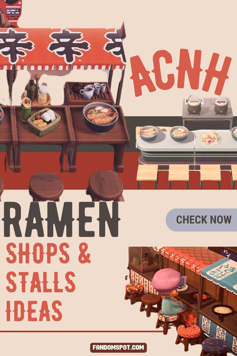 Fun ramen stall designs for Animal Crossing! Snag these adorable patterns and customizable design ideas to add onto your own little outdoor plaza, or to fit with a Japanese-themed area of your island. Acnh Food Stall Code, Animal Crossing Ramen Shop Codes, Animal Crossing Ramen Stall, Ramen Stand Acnh, Acnh Stall Custom Design Japanese, Acnh Ramen Shop Code, Animal Crossing Japanese Festival, Acnh Japanese Festival Area, Acnh Sushi Stall Design